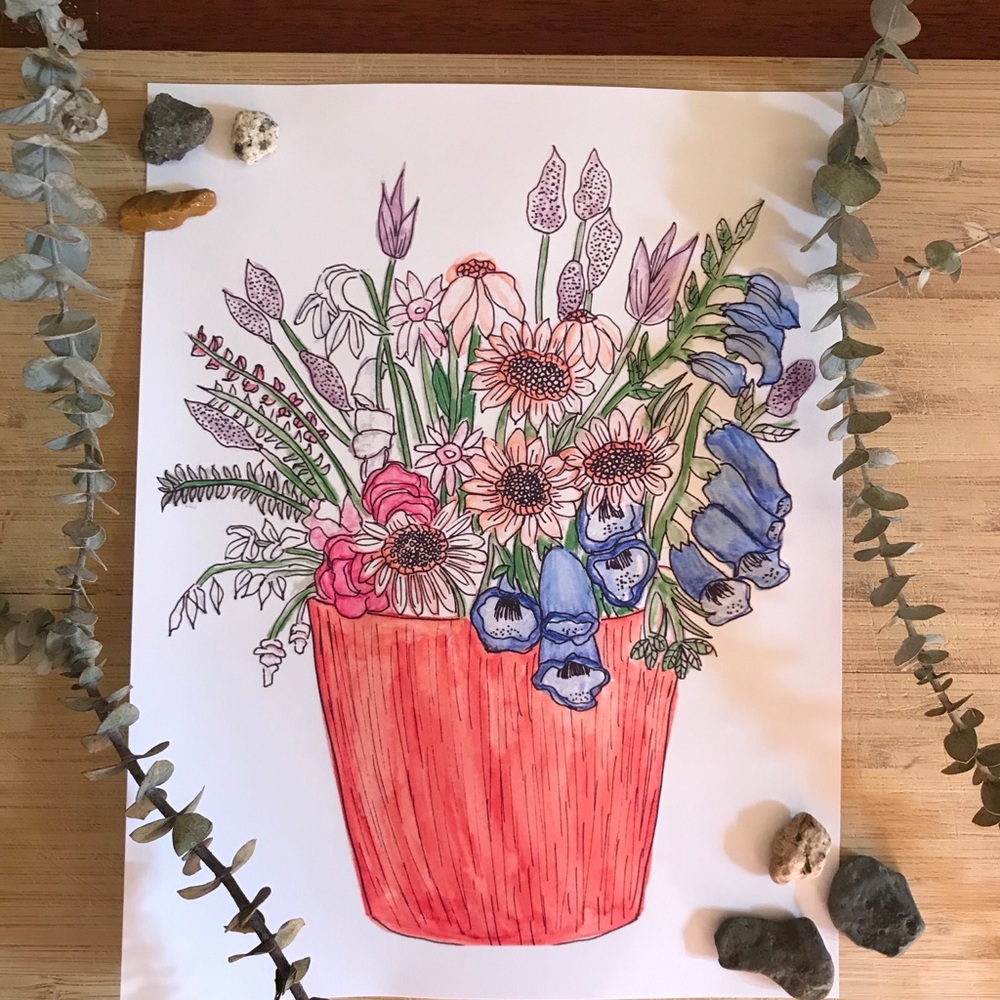 Potted plant bouquet of flowers print
